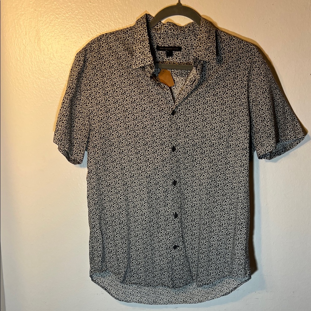 John Varvatos Black and White Tony Floral Print Cotton Short Sleeve Casual Shirt